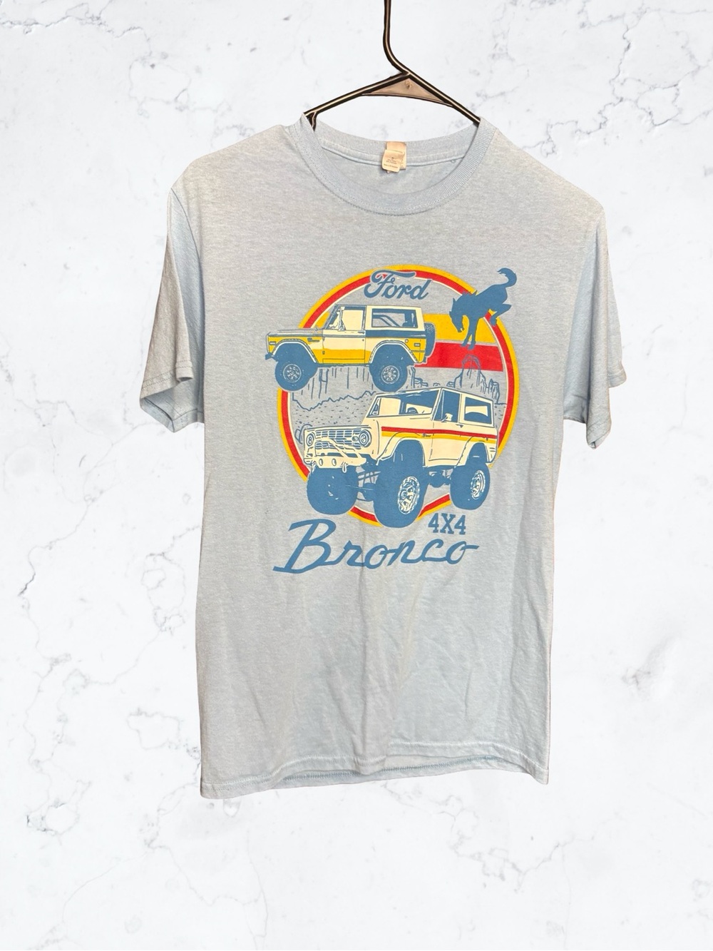 Jerzees Light Gray Ford Bronco Graphic Tee with Blue and Yellow Print
